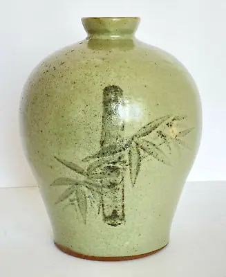 Buy Vintage Bamboo Leaf Gray Green Stoneware Redware Ceramic Pottery Vase 7.5” Tall • 122.80£