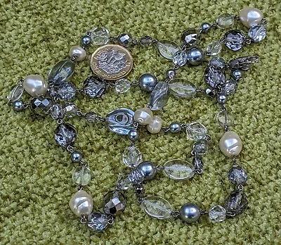 Buy Long M&S Cut Glass Silver & Clear Bead Necklace & Pearls 36  Oval Lobster Clasp • 3.45£