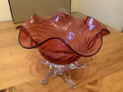 Buy Vintage Cranberry Glass Bowl With Ruffled Edging, Inner Swirl Pattern. • 9£