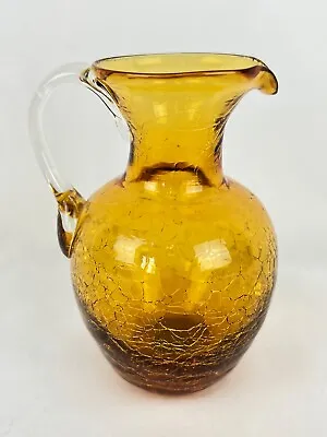 Buy Vintage Yellow Gold Crackle Glass 4 1/4  Tall Pitcher Vase Applied Handle • 14.13£