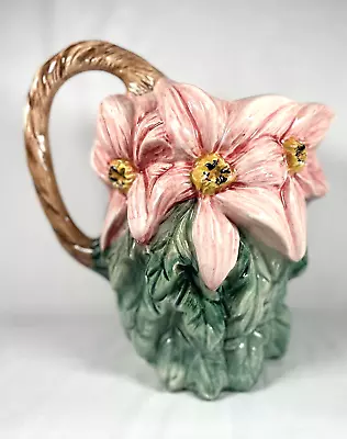 Buy 1960’s Bassano Italian Art Pottery Majolica Pink Poinsettias Ceramic Pitcher Vtg • 51.97£