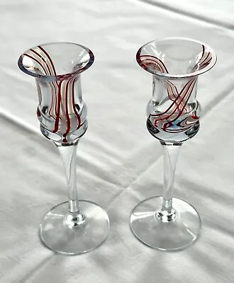 Buy Caithness Glass Candlesticks. A Pair. Clear With Red And White Swirl Pattern • 19£
