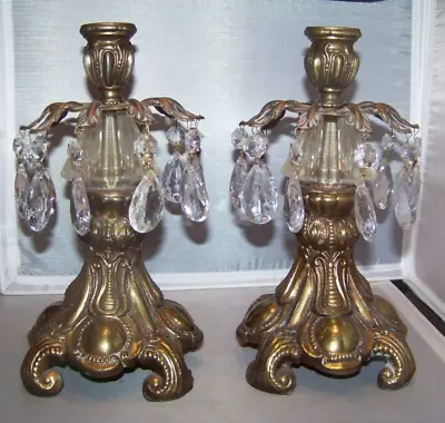 Buy Set 2 Vintage Antique Ornate Brass Tone Metal Victorian Candle Holders W/ Prisms • 57.19£