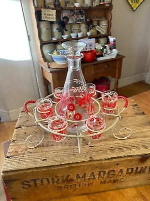 Buy Vintage Red & White Patterned 1950’s Drinks Set On Stand – Decanter & Glasses – • 19.99£