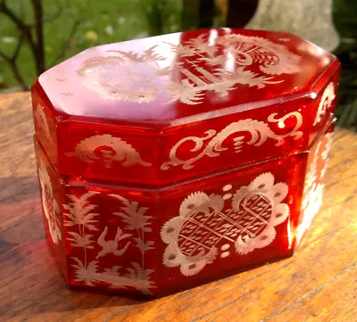 Buy Antique Bohemian Ruby Red Cut To Clear Glass Lidded Casket Box • 195£