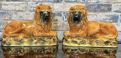 Buy Antique English Staffordshire Recumbent Lion Figures Glass Eyes  On One • 225£