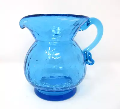 Buy Vintage Crackle Glass Pitcher Blue Small Vase Hand Blown 3.5 Inch Tall • 16.40£