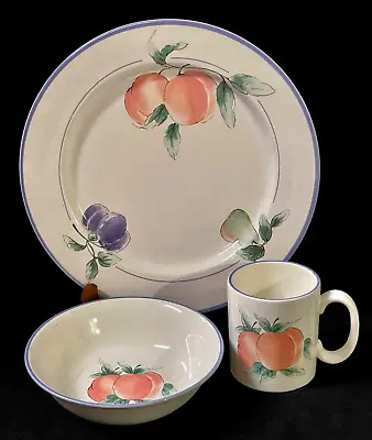 Buy Set Of 3 Pieces LYONS Dinnerware Fruit With Blue Trim Dinner Plate Soup Bowl Mug • 20.13£