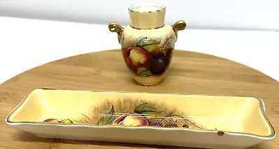 Buy Aynsley Fruit Orchard Pattern Olive/Mint Tray & Small Vase Gold Bone China • 12.99£