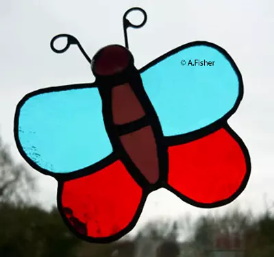 Buy Stained Glass Butterfly - Handmade - Turquoise / Red - 10cms (4ins) Wide NEW • 5.95£