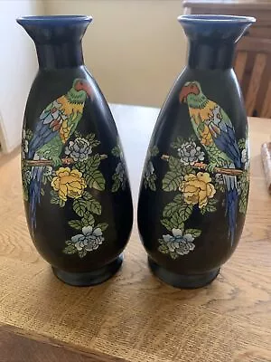 Buy Pair Antique Devon Ware Fieldings Black Cobalt Parrot Vase Vintage 9 1/2 Inch • 100£