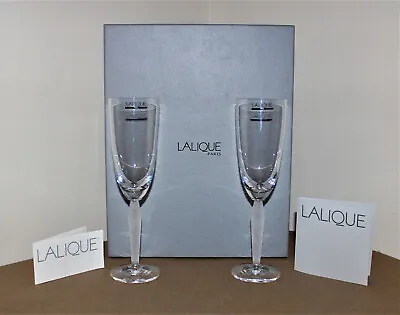 Buy Vint 2- Lalique Crystal LOUVRE Champagne Flutes Stemware (2-Glasses) 1999- NIB • 213.46£