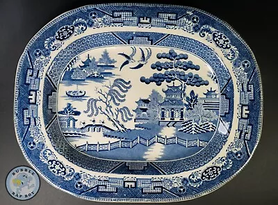 Buy ANTIQUE VICTORIAN BLUE WILLOW PATTERN SERVING PLATTER/CHARGER 13½  X 11  INCHES • 145£