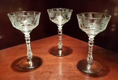 Buy Crystal 1950's Etched W/ Flowers & Leaves Champagne Glasses - Set Of (3) • 38.31£