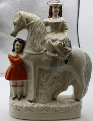 Buy Large  Victorian Staffordshire Flatback Pottery Figure Couple With Horse A/F • 9.99£