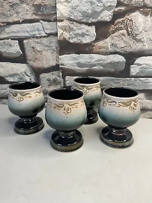 Buy Stoneware Decorative Patterned Glazed Pottery Wine Water Goblet Cup X4 Chalice • 9.99£