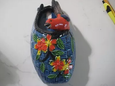 Buy Vtg Cone Wall Pocket/Bird On Flower Painted Blue Basket, Japan • 24.13£