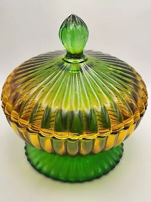 Buy Vintage Green Amber Flashed Lidded Footed Candy Dish • 18.93£