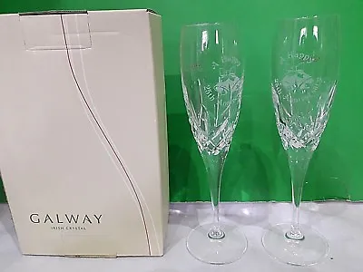 Buy Galway Irish Crystal 'A HAPPY 25th ANNIVERSARY' Pair Champagne Flutes.22.5cm NQP • 39.95£