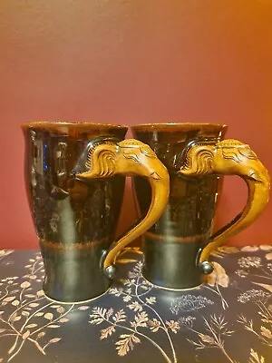 Buy Two Unique Brown And Beige Vintage Pottery, Elephant Handle Mugs • 8.99£