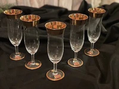 Buy VTG Avitra Crystal 22K Gold Band 6 Inch Champagne Glasses Set Of 5 • 44.18£
