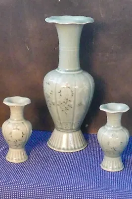 Buy Set Of 3 Korean Celadon Ceramic Green Crackle Glaze Vases • 125£