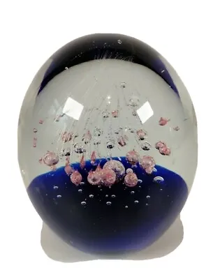 Buy White, Pink And Clear Bubbles, Blue Base Art Glass Paperweight 4   • 6.50£