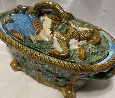 Buy Vintage Majolica Minton Style Tureen With Hare, Game Birds, Foliage Basket Weave • 240.94£