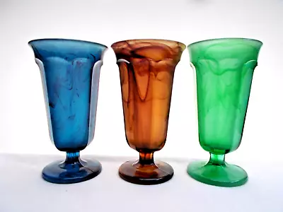 Buy 3 Davidson Shape 1 Art Deco Cloud Glass Vases Green Amber Blue 1930s England • 38£
