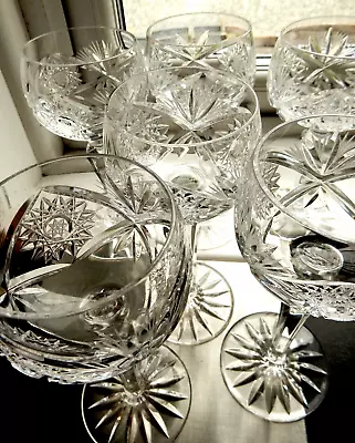 Buy Czech 6 Wine Glasses Mid Century Mitre Cut Crystal HOBSTARS 7 3/8  Exquisite VGC • 139.99£