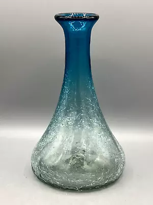 Buy Beautiful Hand Blown Flat Bottom Pale Blue  To Dark Blue Crackle Glass Vase 10  • 42.69£