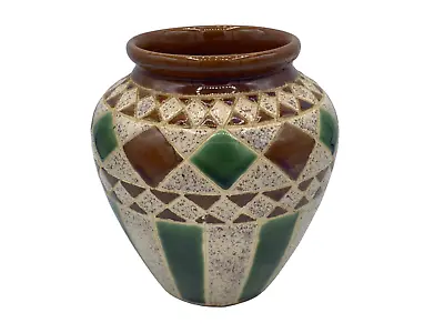 Buy 1970 Style Vase Planter Beige Speckles Geometric Brown & Green Glazed Sections • 18£