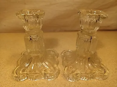 Buy Pair Of Vintage Glass Candlestick Holders With Scalloped Square Base • 10£