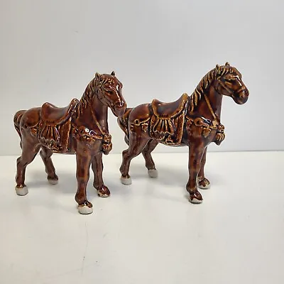 Buy Pair Of Ceramic Vintage Horses Unmarked Brown Glazed • 9.95£