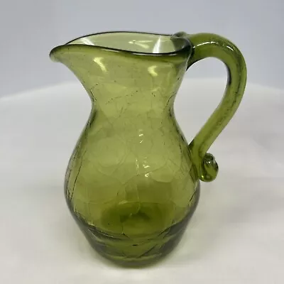 Buy Vintage 🔥 Green Hand Blown CRACKLE Glass Pitcher Handle 5” Tall - Jamestown VA • 8.80£