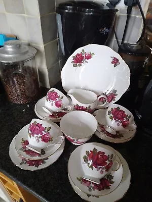 Buy Ridgways Queen Anne Red Rose Tea Trio X4 & Cake Plate - Jug And Sugar Bowl • 25£