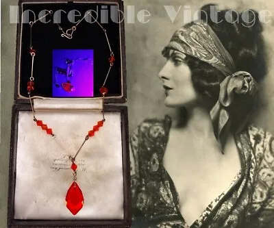 Buy Vintage Art Deco Bohemian Czech URANIUM GLASS Necklace Bright Orange Rolled Gold • 69.95£