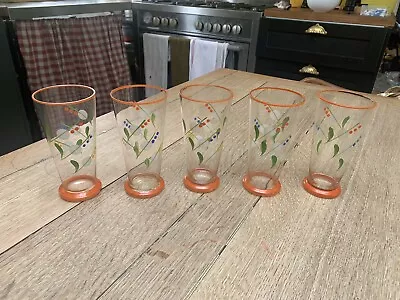 Buy Vintage 70s Glass Drinking Glasses With Hand Painted Flowers Mid Century • 19.99£