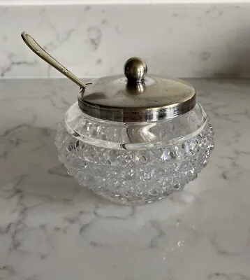 Buy Glass Preserve Jar With Silver Plated Lid And Spoon EPNS Vintage Hobnail • 8£