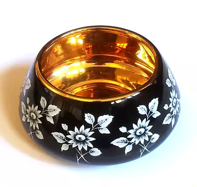 Buy Prinknash Pottery Gold Round Trinket Dish Black White Flowers England • 17.03£