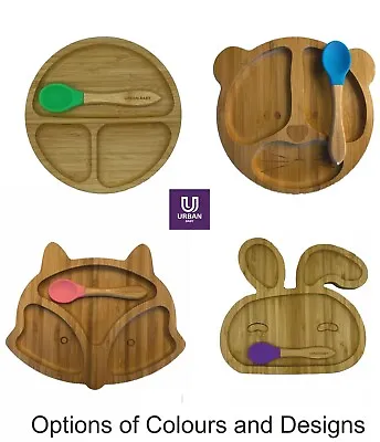 Buy Baby Bamboo Suction Plate Bowl Spoon Set Feeding Suction Plate Stay Put Feeding • 12.99£