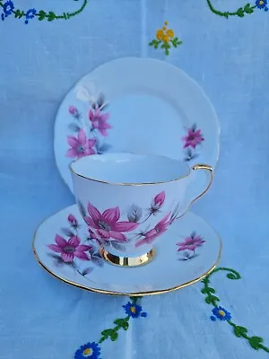 Buy Vintage Royal Stafford Evesham Pink Flower Bone China Teacup Trio Set • 5.99£