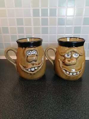 Buy Pair Of Lovely Vintage Ugly Face Studio Pottery Mugs. Displayed Not Used.  • 12.99£