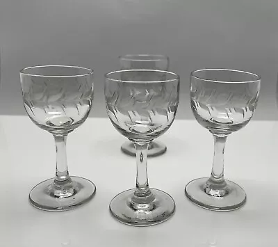 Buy 4 Antique Victorian Laurel Etched Drinking Glasses | Sherry Gin Dram Cordial • 14.99£