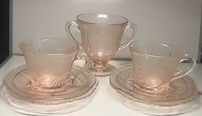 Buy Pair Of 1930s Hazel Atlas Pink Royal Lace Cup Saucer Sideplate Trio & Sugar Bowl • 19.95£