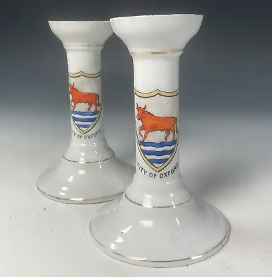 Buy 2 X Antique Arcadian Crested Ware CITY OF OXFORD Candlesticks Candle Holders • 21.95£