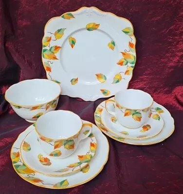 Buy Foley China Two X Cup Saucer Plate Trio +Sugar Bowl + Cake Plate AUTUMN C1930-36 • 34.99£