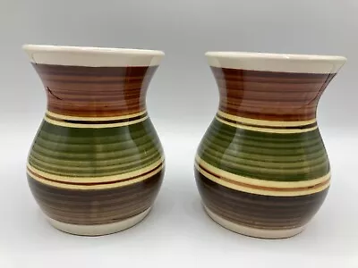 Buy Pair Of Welsh Dragon Pottery Rhayader Green, Brown & Yellow Banded Vases • 10.99£