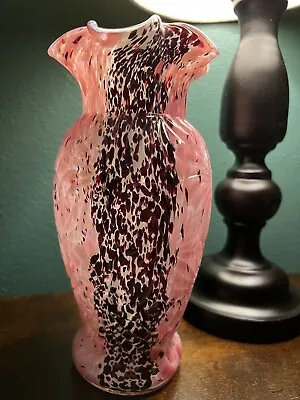 Buy Antique 1903 Czechoslovakia Art Glass Pink Maroon White Rose Spatter Ruffle Vase • 179.31£