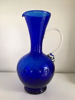 Buy Vintage 10” Cobalt Blue Glass Pitcher With Clear Handle Ewer Carafe Art Glass • 12.46£